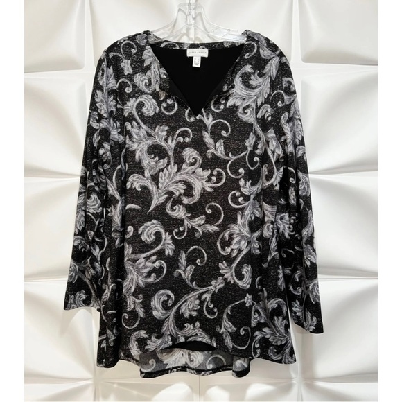 Susan Graver Women Sz L Black Gray Silver Metallic Layered Lurex Keyhole Sweater - Picture 3 of 11